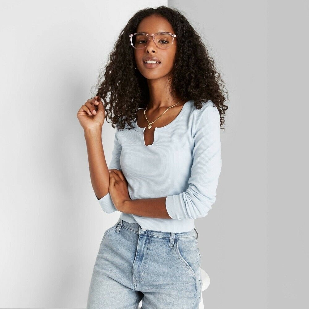 Wild Fable Notch Front Ribbed Long Sleeve Crop Top